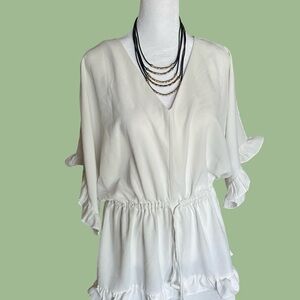 Lightweight White V-Neck Ruffle Sleeve Women’s Top